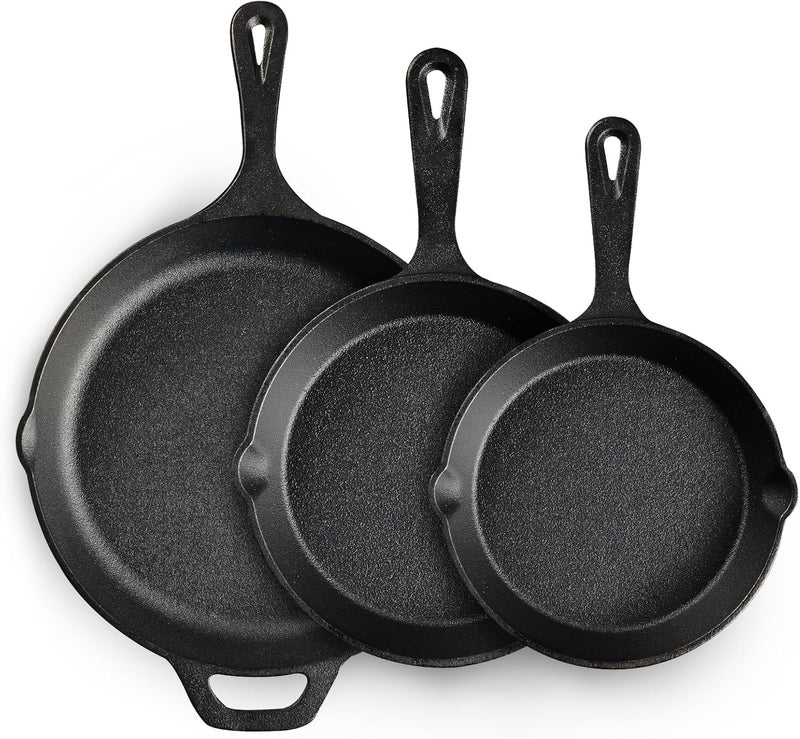 EWFEN Cast Iron Skillet 3-Piece Set, Heavy-Duty Professional Restaurant Chef Quality Pre-Seasoned Pan Cookware Set, 6", 8", 10" Pans For Frying, Saute, Cooking, Use Indoor/Outdoor, Oven, Grill - Image 1